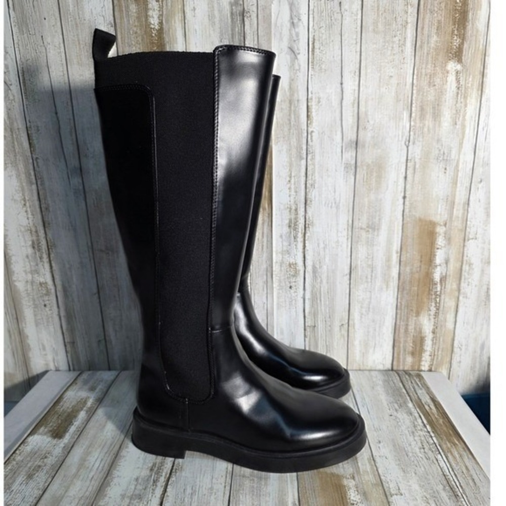 H&M Black Faux Leather Knee High Boots Chunky Sole Elastic Panel Size 38 - Picture 8 of 9
